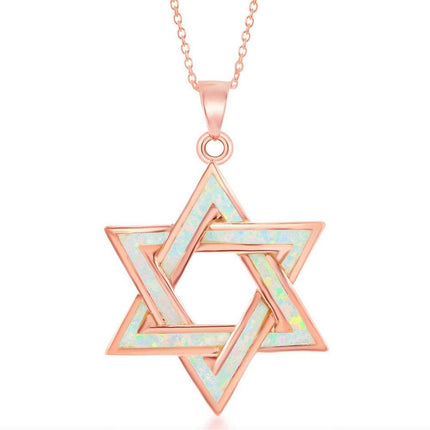 Sterling Silver Rose GP White Inlay Opal Star of David Pendant ,