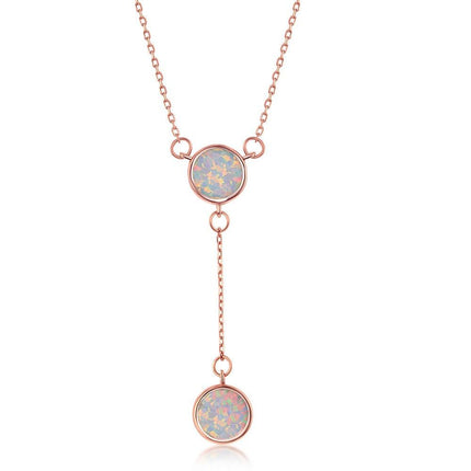 Sterling Silver Rose GP White Opal Double Disc Lariat Necklace ,