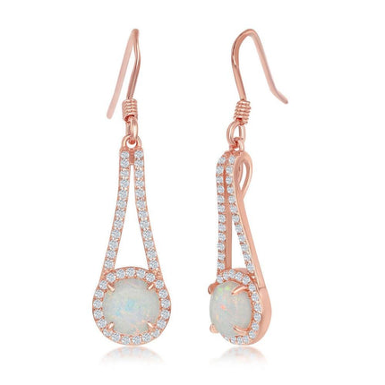 Sterling Silver Rose GP White Opal with CZ Halo Earrings ,
