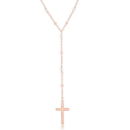 Sterling Silver Rose Quartz & Plain Beads Cross Rosary Necklace ,