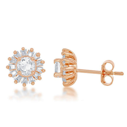 Sterling Silver Rose Small Round CZ with Baguette Border Stud Earrings ,