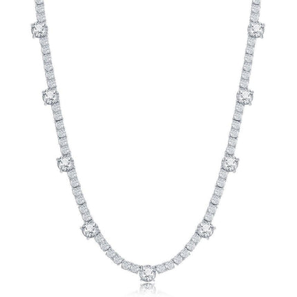 Sterling Silver Round 3mm and 6mm CZ Tennis Necklace ,