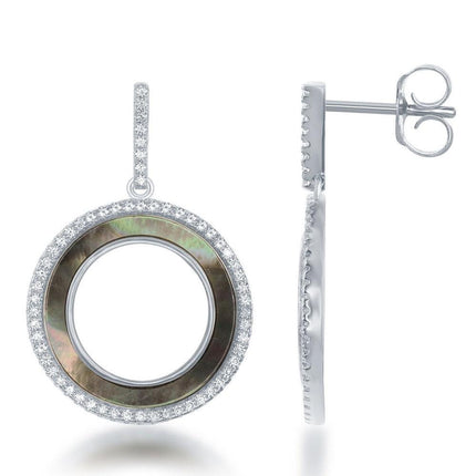Sterling Silver Round Abalone CZ Circle Earrings ,