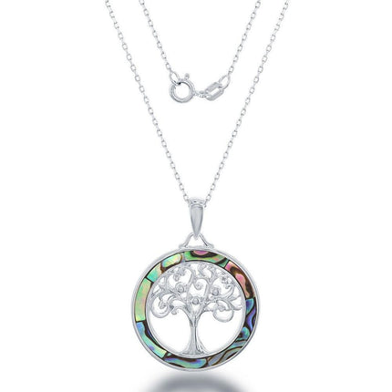 Sterling Silver Round Abalone Tree of Life Pendant ,
