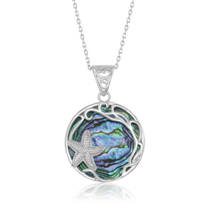 Sterling Silver Round Abalone with Starfish & Filigree Design Pendant ,