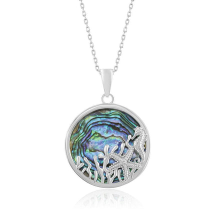 Sterling Silver Round Abalone with Starfish and Seahorse Pendant ,