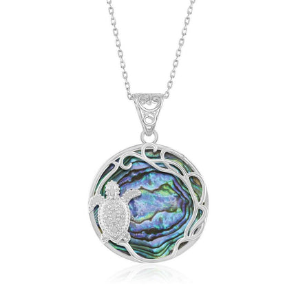 Sterling Silver Round Abalone with Turtle Pendant ,