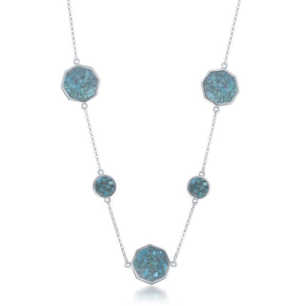 Sterling Silver Round and Hexagon Necklace- Turquoise ,