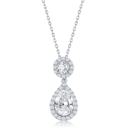 Sterling Silver Round and Pear Shaped Cubic Zirconia Necklace ,