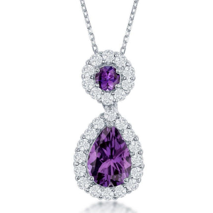 Sterling Silver Round & Teardrop Amethyst Center with White Topaz Border Pendant With chain ,