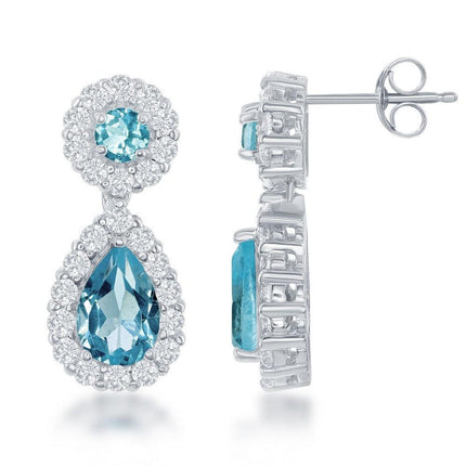 Sterling Silver Round & Teardrop Blue Topaz Center White Topaz Border Earrings ,
