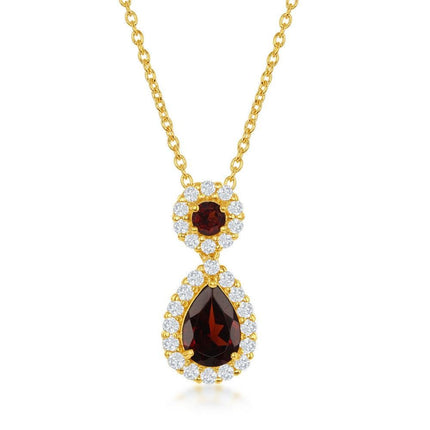 Sterling Silver Round & Teardrop Garnet Center with White Topaz Border Necklace - Gold Plated ,