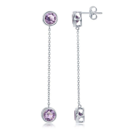 Sterling Silver Round Bezel-Set Amethyst with Hanging Chain Bezel-Set Amethyst Earrings ,