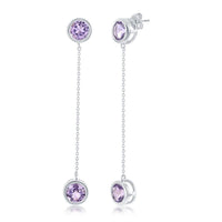 Sterling Silver Round Bezel-Set Amethyst with Hanging Chain Bezel-Set Amethyst Earrings ,