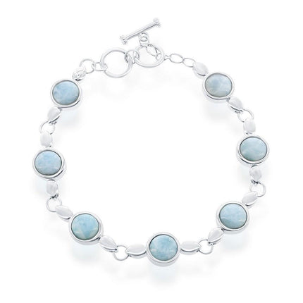 Sterling Silver Round Bezel-Set Larimar Linked Toggle Bracelet ,