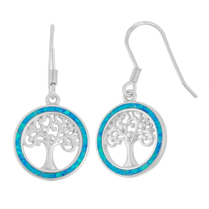 Sterling Silver Round Blue Inlay Opal Earrings ,