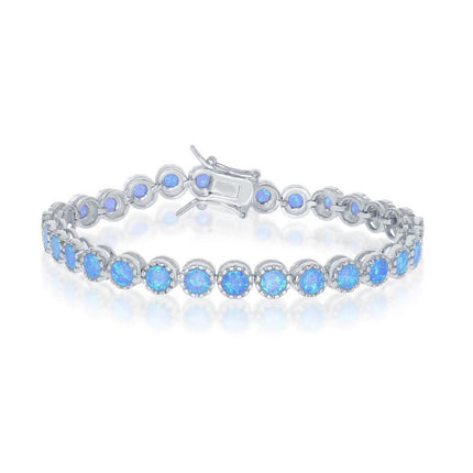 Sterling Silver Round Blue Inlay Opal with Beaded Border Bracelet ,