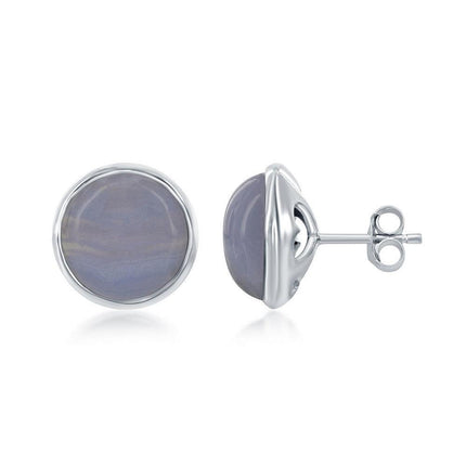 Sterling Silver Round Blue Lace Agate Bezel Set Stud Earrings ,