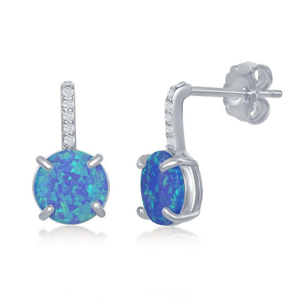 Sterling Silver Round Blue Opal CZ Bar Earrings ,