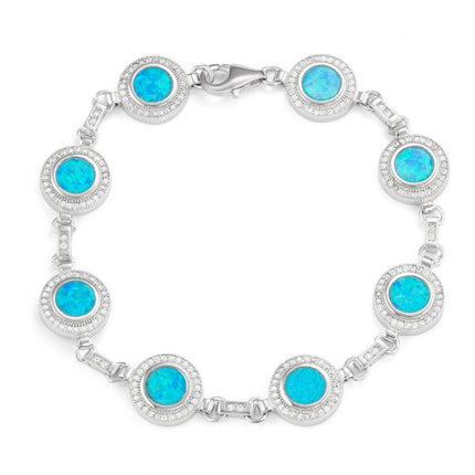Sterling Silver Round Blue Opal with Micro Pave CZ Bracelet ,