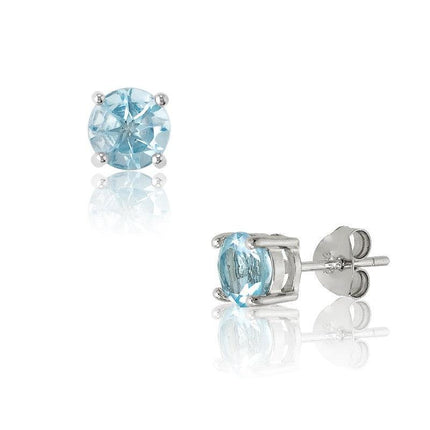 Sterling Silver Round Blue Topaz Gem Studs Earrings ,