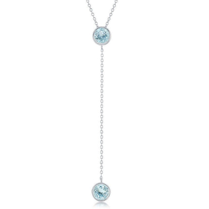Sterling Silver Round Blue Topaz With Long Hanging Chain & Round Blue Topaz Necklace ,