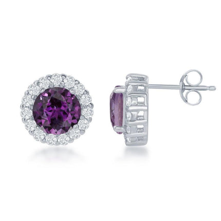 Sterling Silver Round Center Amethyst with White Topaz Large Stud Earrings ,
