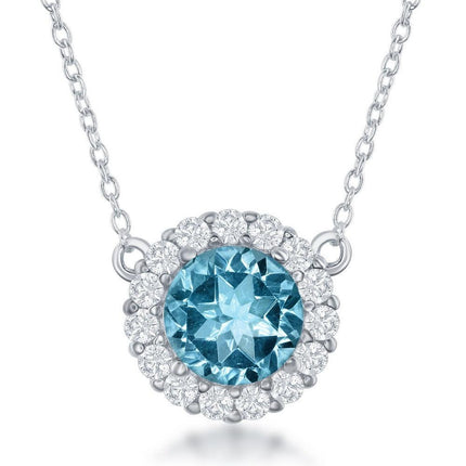 Sterling Silver Round Center Blue Topaz with White Topaz Border Necklace ,