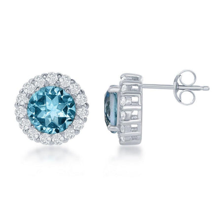 Sterling Silver Round Center Blue Topaz with White Topaz Large Stud Earrings ,