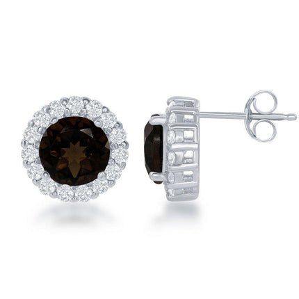 Sterling Silver Round Center Smoky with White Topaz Border Large Stud Earrings ,