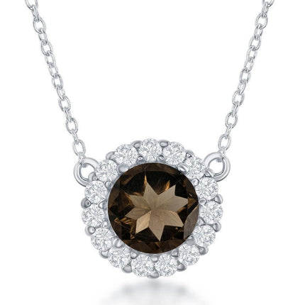 Sterling Silver Round Center Smoky with White Topaz Border Necklace ,