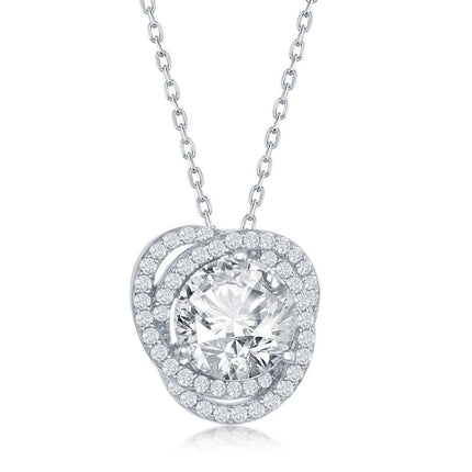 Sterling Silver Round Cubic Zirconia Flower Design Necklace ,