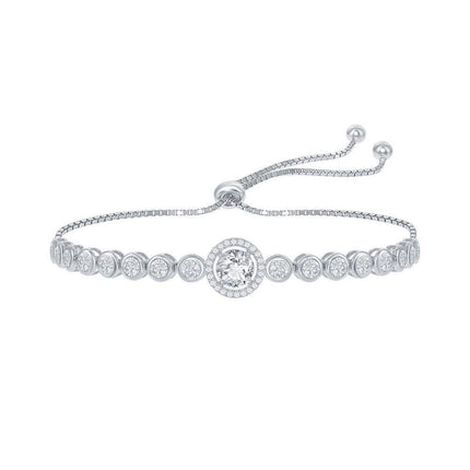 Sterling Silver Round CZ Bezel-Set CZ Adjustable Bolo Bracelet ,
