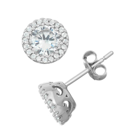 Sterling Silver Round CZ Border Stud Earrings ,