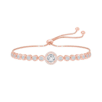 Sterling Silver Round CZ Halo Bezel-Set CZ Adjustable Bolo Bracelet - Rose Gold Plated ,