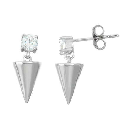Sterling Silver Round CZ Shiny Triangle Earrings ,