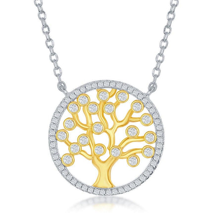 Sterling Silver Round CZ Tree Necklace - Gold Plated ,