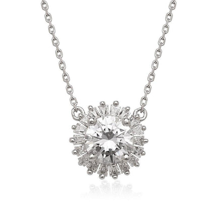 Sterling Silver Round CZ with Baguette Border Stud Necklace ,