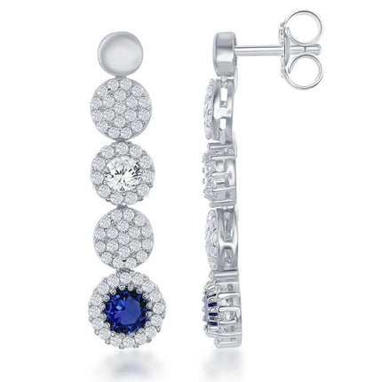 Sterling Silver Round CZ with Blue CZ Earrings ,