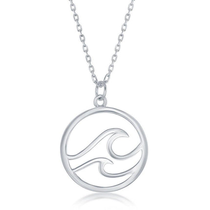Sterling Silver Round Double Wave Pendant ,