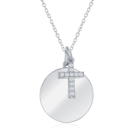 Sterling Silver Round Engravable Disc with CZ Cross Necklace ,