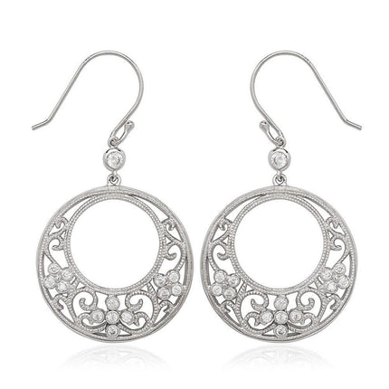 Sterling Silver Round Fancy Design with CZ Earrings ,