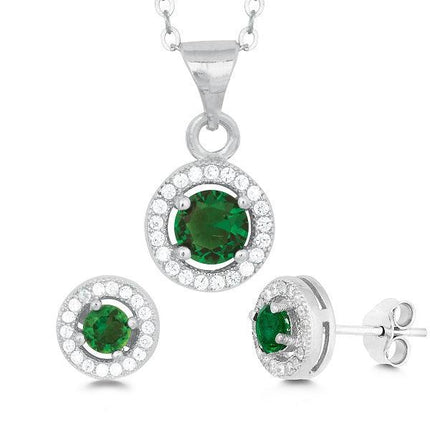 Sterling Silver Round Green CZ Pendant and Earrings Set ,