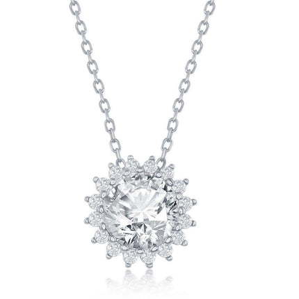 Sterling Silver Round Halo Flower Cubic Zirconia Necklace ,