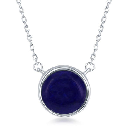 Sterling Silver Round Lapis Bezel Set Necklace ,