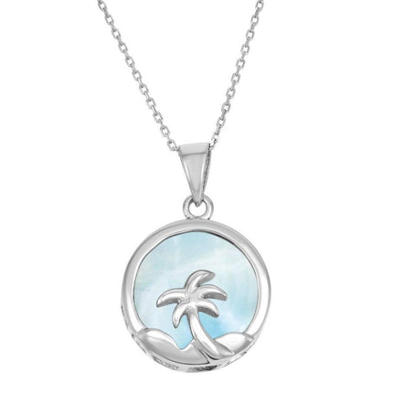 Sterling Silver Round Larimar Palm Tree Pendant ,