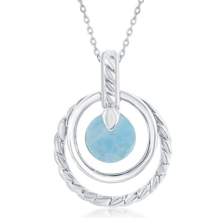 Sterling Silver Round Larimar Rope Design Pendant ,