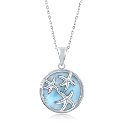Sterling Silver Round Larimar Starfish Pendant ,