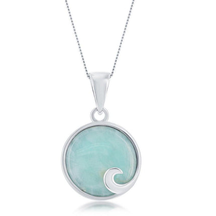 Sterling Silver Round Larimar Wave Design Pendant ,