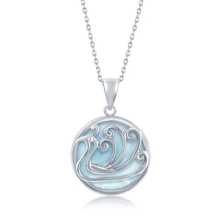 Sterling Silver Round Larimar Waves Pendant ,